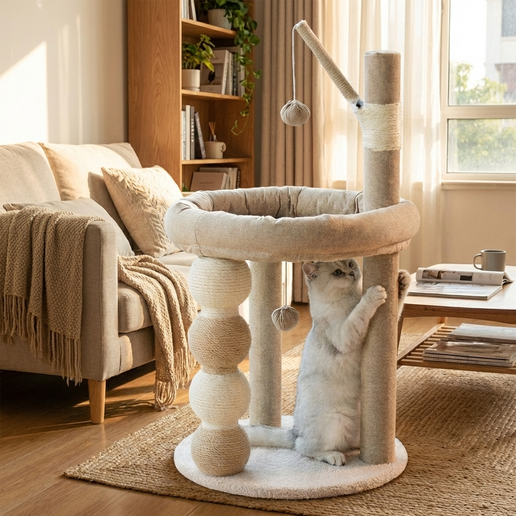 Integrated cat climbing frame and cat bed